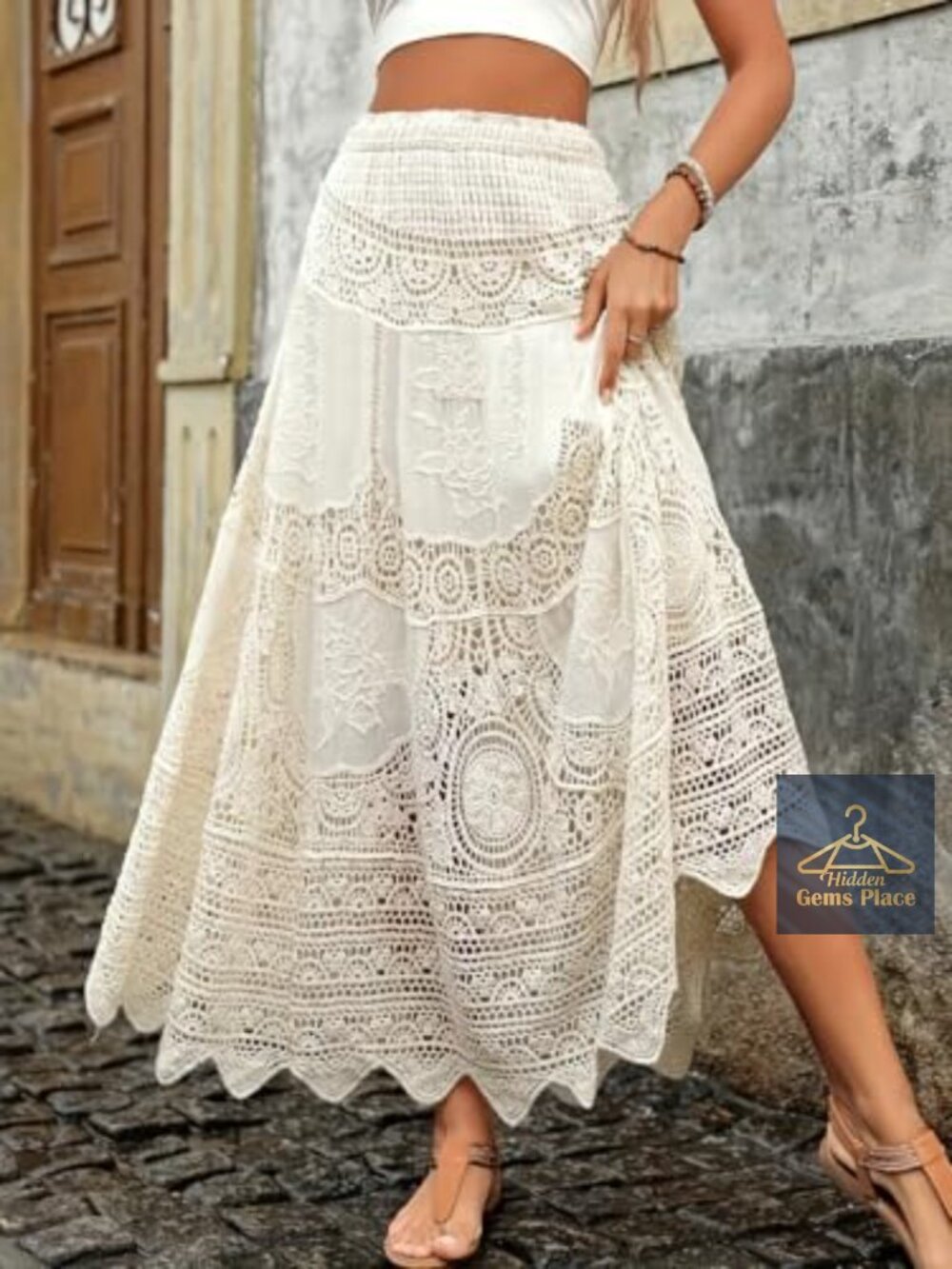 Floral Embroidered Maxi Skirt Elastic Waist Flared Long Boho A-Line - Picture 4 of 7